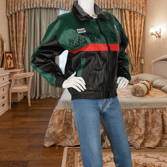 Vintage Faux Leather Racing Team Bomber Jacket XL - Picture 3 of 13